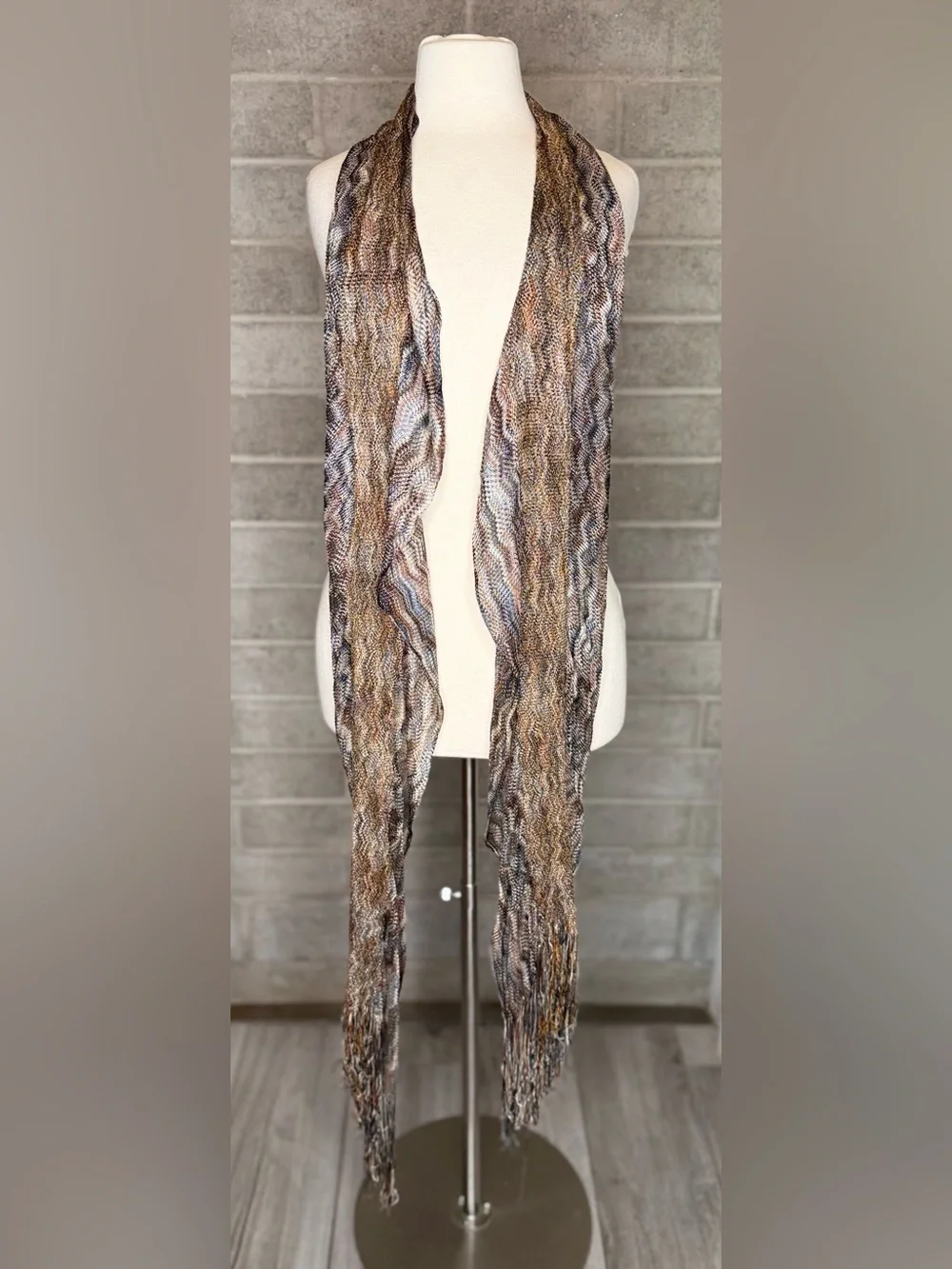 Zigzag Open Knit Scarf Shawl Wrap Brown Gray Orange Fringe Boho Lightweight